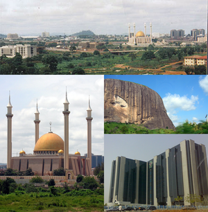 Clockwise from top: Skyline of Abuja, Zuma Rock, Central Bank HQ and Abuja National Mosque