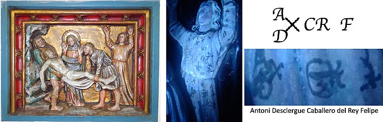 De initialen van Antoni Desclergue op één van de polychrome panelen in de zijmuur van de kapel. Het experiment gebeurde met UV fluorescentie.