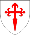 Cross of Saint James (or "Sword Cross") in heraldry: A variant of Argent, a cross flory fitchée gules, with the vertical member representing a sword, with hilt at top in the form of an inverted "Panela", both side arms terminating flory