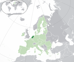 Location of the European part of the  Netherlands  (dark green) – on the European continent  (green & dark grey) – in the European Union  (green)