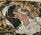 Moartea și Fecioara; de Egon Schiele; 1915; ulei pe pânză; 150 x 180 cm; Österreichische Galerie Belvedere (Viena, Austria)