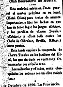Noticia en el diario La Provincia (4 de octubre de 1890) informando de diferentes encuentros del Huelva Recreation Club con clubes de Gibraltar, Sevilla y Málaga.