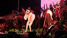 Image d'une femme chantant sur scène au milieu d'instrumentiste et de plantes.