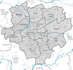 Mapa konturowa Dortmundu, w centrum znajduje się punkt z opisem „Kościół Mariacki w Dortmundzie”