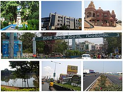 Clockwise from Top Left: Guntur Medical College, General Hospital, Iskon Temple, Guntur Municipal Corporation, Chuttugunta Center, One-Town Center, A park with pond in Gujjanagundla.