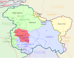 A map of the Kashmir division (in red) of the Indian-administered Jammu and Kashmir in the disputed Kashmir region.[1]