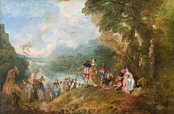 Le Pèlerinage à l'île de Cythère, huile sur toile d'Antoine Watteau (1717, musée du Louvre). (définition réelle 19 842 × 13 013)