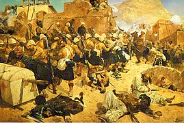 Los Highlanders y los gurkhas del ejército británico en la batalla de Kandahar (obra de Richard Caton Woodville)