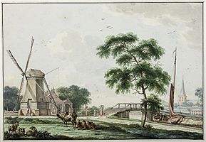 Blick auf Ulrum und Kirchturm von einer südlich gelegenen Stelle an der später der Hunsingokanaal gegraben wurde. Die Schälmühle wurde 1786 abgerissen. (Bulthuis, 1784)