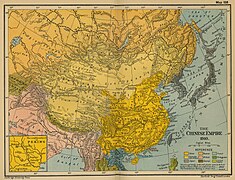 Carte de la dynastie Qing en 1910, Chine et ses dépendances, publiée en 1912 chez Cambridge University Press dans The Cambridge Modern History Atlas.