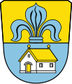 Gemeinde Reinhartshausen Geteilt; oben in Gold eine aus der Teilungslinie wachsende blaue Lilie, unten in Blau ein silbernes Haus mit goldenem Dach.