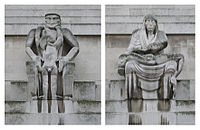 Día y nueche, de Jacob Epstein, escultures esculpíes na fachada de les oficines centrales del metro de Londres.