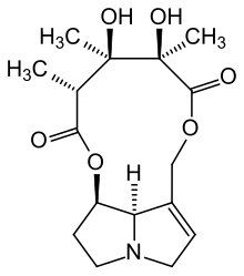 Skeleton formula of a carbon ring, containing oxygen, hydrogen and nitrogen atoms. It is supposed to be monocrotaline