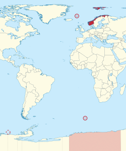 Location of the Kingdom of Norway and its integral overseas areas and dependencies: Svalbard, Jan Mayen, Bouvet Island, Peter I Island, and Queen Maud Land के लोकेशन