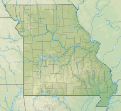 Mapa konturowa Missouri, na dole nieco na lewo znajduje się punkt z opisem „miejsce bitwy”