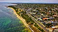 Aerial view of Black Rock relative to Port Philip Bay and Melbourne CBD.