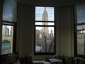 A view from the inside of an office at the pointed section of the building