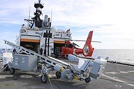 ScanEagle is pictured aboard the U.S. Coast Guard Cutter Stratton, which was the first U.S. Coast Guard Cutter to deploy fully equipped with a small UAS for an entire patrol.[13][14]