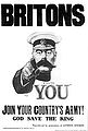 Cartel británico de reclutamiento de 1914. En él se lee: "Británicos, [Lord Kitchener] os necesita. ¡Únete al ejército de tu país! Dios salve al rey".