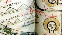 Detalle do Beato de Oña. O mapa representa á imaxe do apóstolo Santiago (Iacobus) sobre Gallecia, a súa zona de apostolado.Ano 1185.