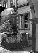 Schängelbrunnen in Koblenz, view from the arcades of the town hall
