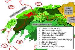 Vnější Západní Karpaty, Moravskoslezské Beskydy vyznačeny červeným polem