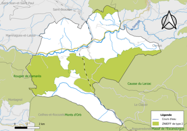 Carte des ZNIEFF de type 2 de la commune.