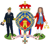 escudo de armas de Margaret Thatcher, con Isaac Newton y un almirante de la Marina Real como soportes.