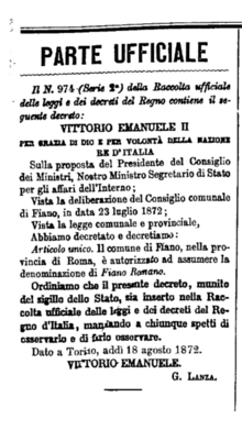 Il Regio Decreto n. 974 del 18 agosto 1872 pubblicato sulla Gazzetta Ufficiale del Regno d'Italia del 20 settembre 1872