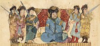 Turkic amir with guards, wearing the Turkic headgear Sharbush, in the preaching scene at Rayy in maqāma 21 (fols. 58v–59r), Maqamat of al-Hariri, 1237.[16][5]