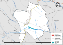 Carte en couleur présentant le réseau hydrographique de la commune