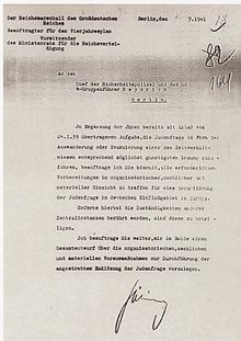 Fac-similé de la lettre de Göring à Heydrich à propos de la « Solution finale », l'invitant à organiser les opérations, d’où la conférence de Wannsee
