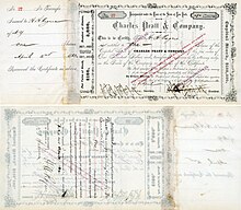 Ação da Charles Pratt & Company no valor de $100, emitida em Nova Iorque em 2 de abril de 1883 para H. H. Rogers e endossada pelo seu próprio punho no verso