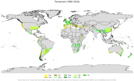 Localización de los climas templados (C) según el sistema de Köppen.