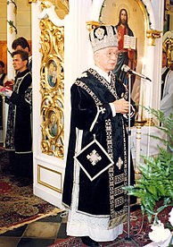 Řeckokatolický biskup s epigonationem během panychidy (Prešov)