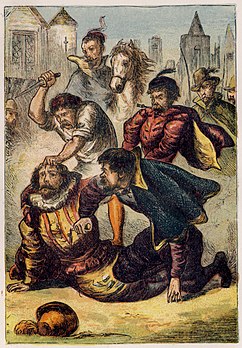 L'assassinat de Pierre de La Place lors du massacre de la Saint-Barthélemy, illustration de Joseph Martin Kronheim extraite du Livre des Martyrs de John Foxe. (définition réelle 2 240 × 3 220)