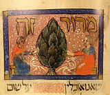 Los hebreos comen yerba amargoso. Hagadá de Sarajevo, Barcelona, sieglu XIV