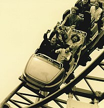 English: Riding the roller coaster at the Fun Forest, 1995; demolished 2010