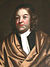 A head and shoulders portrait of Bradstreet, who wears a gold-peach robe over a black shirt and white cravat. His shoulder-length hair is topped with a small black cap.