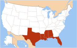 States that border the خلیج میکسیکو are shown in red.