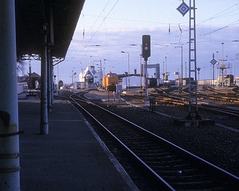 Warnemünde DR 27. Marts 1991, View of the ferry port from the train station. A Danish DSB railway ferry lies in the ferry bed