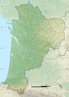 Mapa konturowa Nowej Akwitanii, po lewej znajduje się punkt z opisem „Bordeaux”