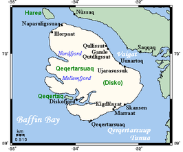 De kaart van het eiland Qeqertarsuaq. Kangerluk ten noordwesten van de gelijknamige hoofdplaats van het eiland