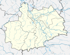Mapa konturowa powiatu kędzierzyńsko-kozielskiego, blisko dolnej krawiędzi nieco na lewo znajduje się punkt z opisem „Łaniec”
