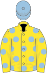 Yellow, light blue spots, light blue cap