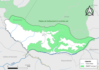 Carte de la ZNIEFF de type 1 de la commune.