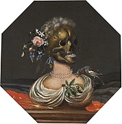 Vanitas con busto de una dama con una corona de flores en una repisa (1688), de Catarina Ykens II, colección privada