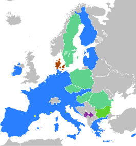 E zona di euro (blou) den Union Oropeo (2014)