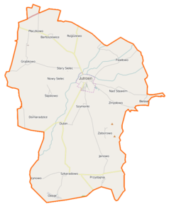 Mapa konturowa gminy Jutrosin, blisko centrum na lewo znajduje się punkt z opisem „Dubin”