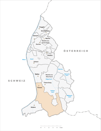 Lage der Gemeinde Triesen im Fürstentum Liechtenstein (anklickbare Karte)
